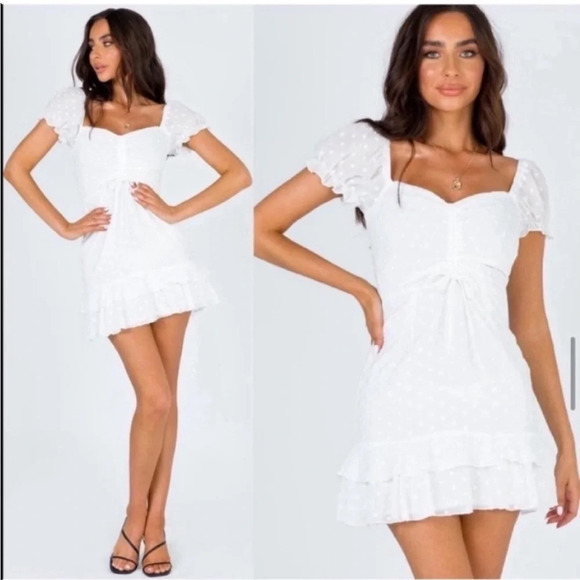 Princess Polly Mikail White Swiss Dot Puff Sleeve Sweetheart Neckline Mini Dress - Picture 2 of 12